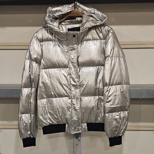 Maje Metallic Silver  Hooded Jacket In Goose Down